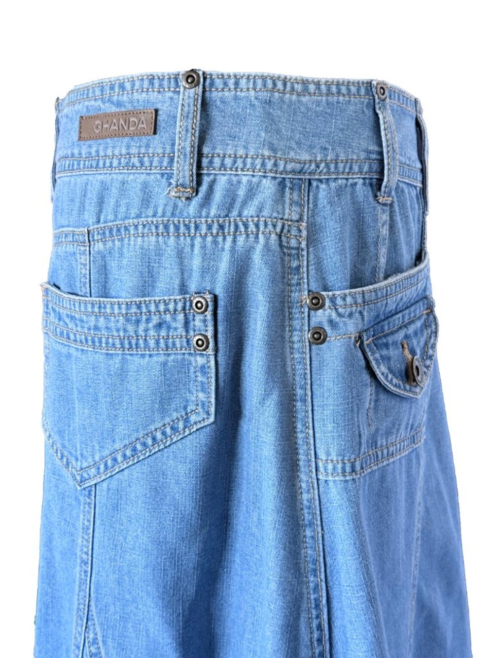 Ghanda Vintage Utility Denim Maxi Skirt - Paneled Boho A-Line Light Wash - Picture 10 of 13